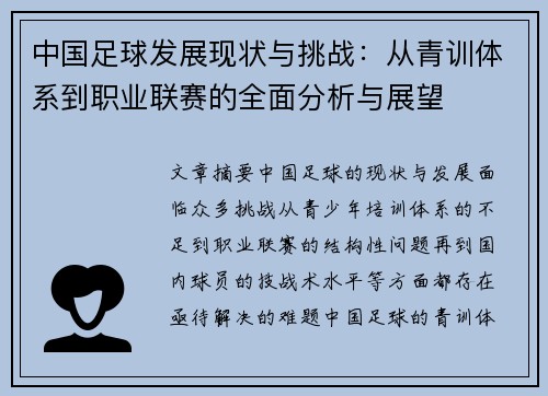 中国足球发展现状与挑战：从青训体系到职业联赛的全面分析与展望