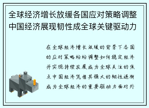 全球经济增长放缓各国应对策略调整中国经济展现韧性成全球关键驱动力