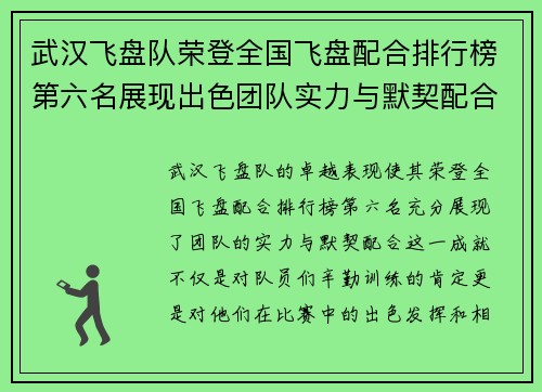武汉飞盘队荣登全国飞盘配合排行榜第六名展现出色团队实力与默契配合