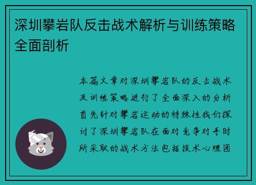深圳攀岩队反击战术解析与训练策略全面剖析